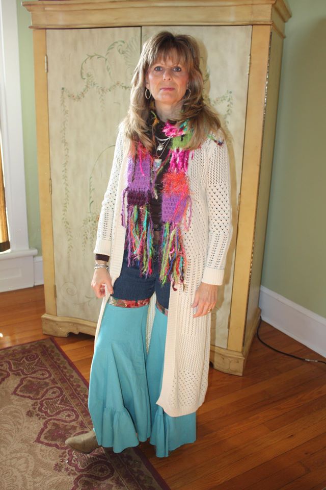 pants made from old jeans and skirt, scarf made from a bunch of different yarns
