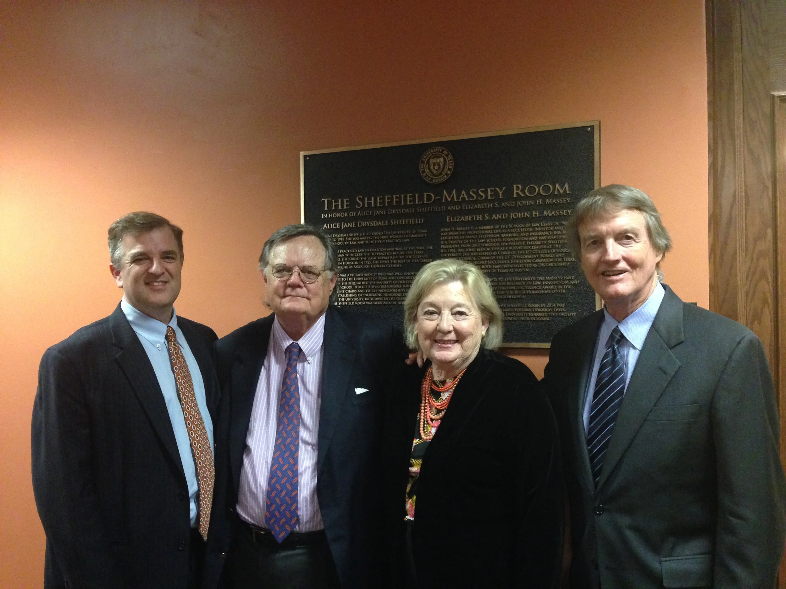 Dean Ward Farnsworth, Foundation President John H. Massey, Libba Massey, and UT President Bill Powers dedicate the newly renovated Sheffield-Massey Room in October 2014.