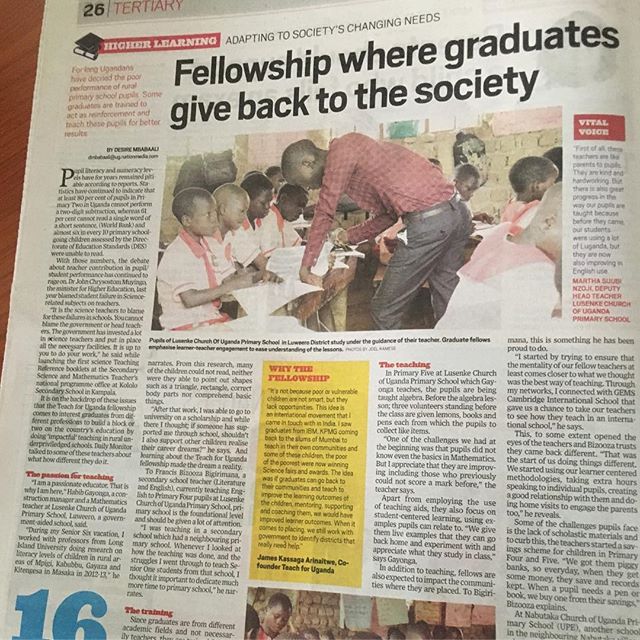 On Dec. 10th. 2018 our @teachforuganda fellows aka #teacher-leaders were profiled by the #DailyMonitor- one of the leading National dailies . We are honored to see our work of unleashing the education and life potential of children in our rural and underserved communities shared on the national stage! It’s great inspiration to our fellows, our team, and board & partners and a testament we’ve much more work ahead of us in 2019 and beyond. @teachforall