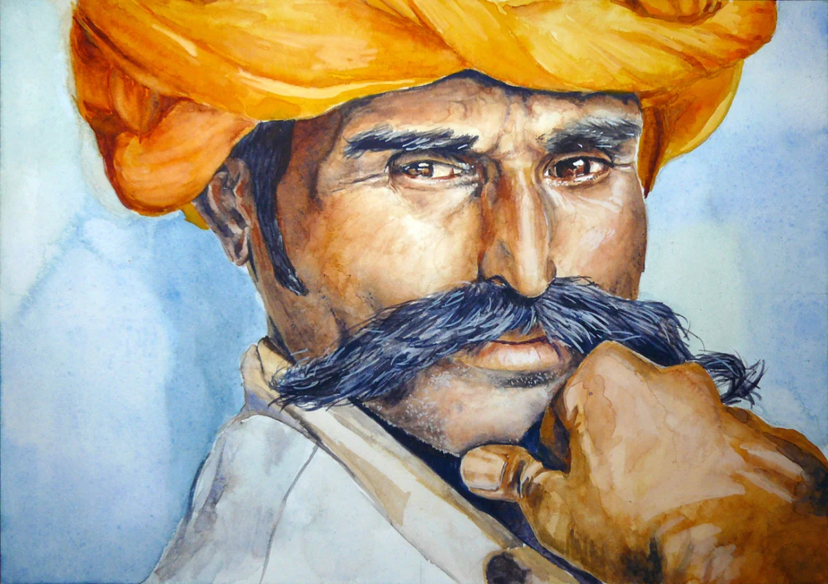 Portrait (from an image in the National Geographic), gouache on paper