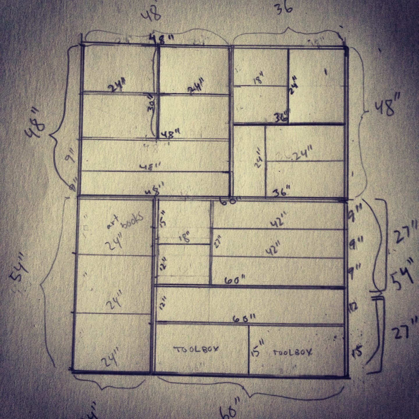   Rough design for built-in bookshelves.  