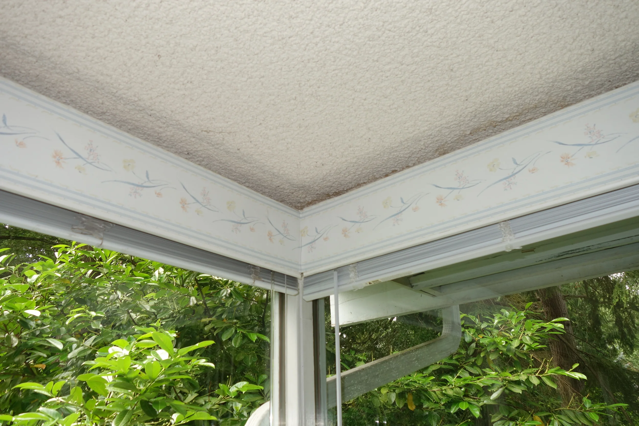 wallpaper on curtain things (dining room showing popcorn ceiling)