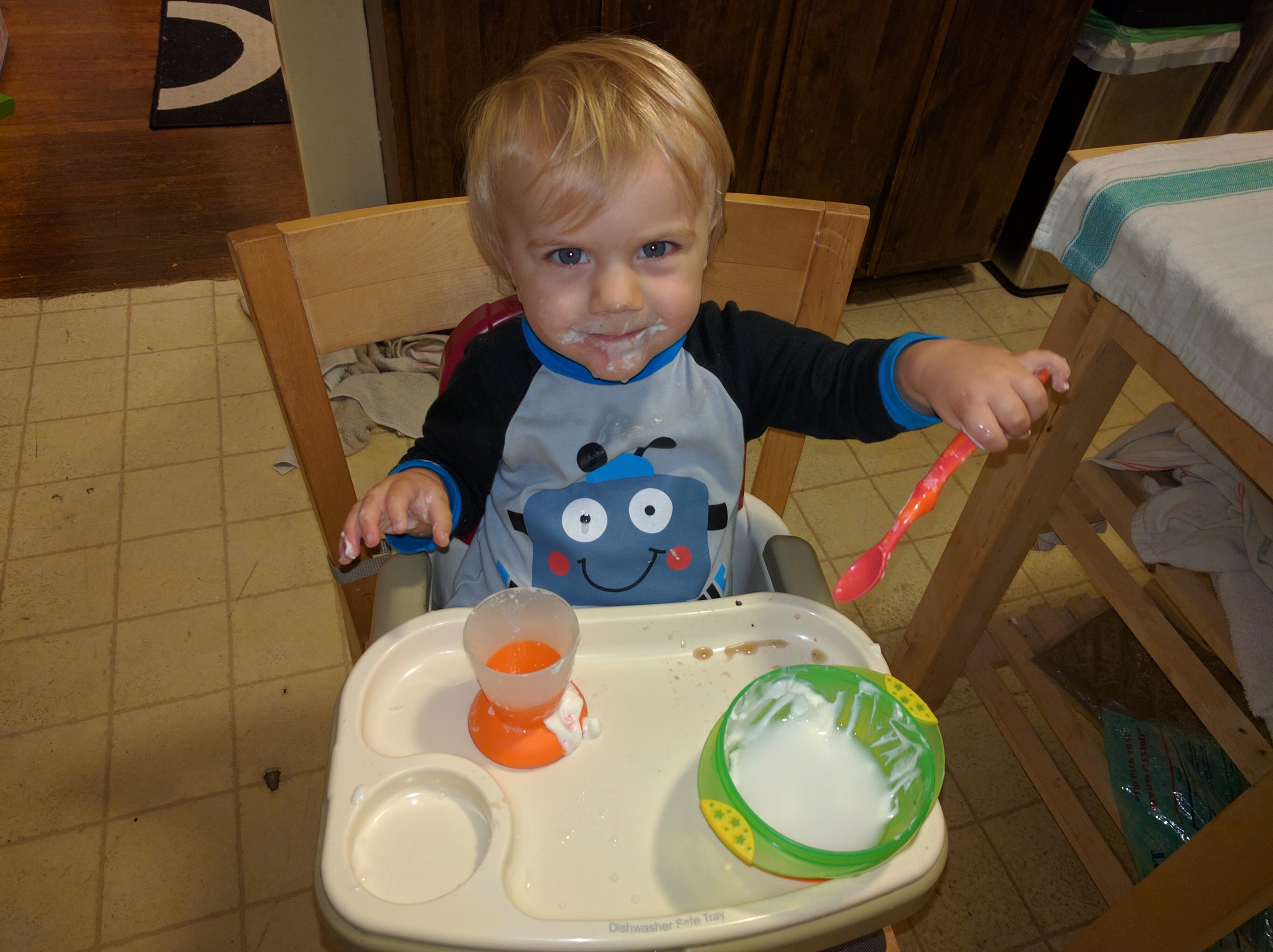 He mixed his yogurt and water to make soup, which he ate