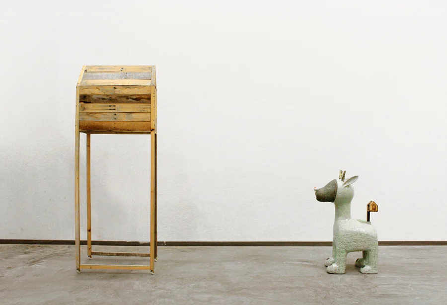 L 85 20 31.5 R 48 26 14 in Fired Clay and Glaze, Wood