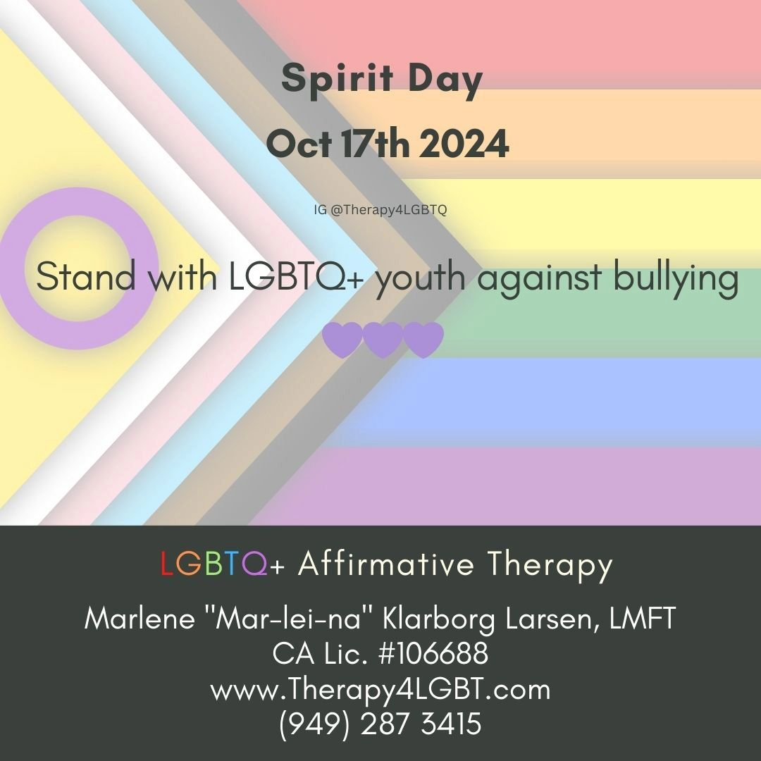 🏳️&zwj;⚧️💜🏳️&zwj;🌈Today is Spirit Day, a day to bring awareness and stand with LGBTQ+ youth against bullying.

I stand with LGBTQ+ Youth on #spiritday and all other days of the year - do you?? 

www.Therapy4LGBT.com

💜💜💜💜💜💜💜💜💜💜

#spirit