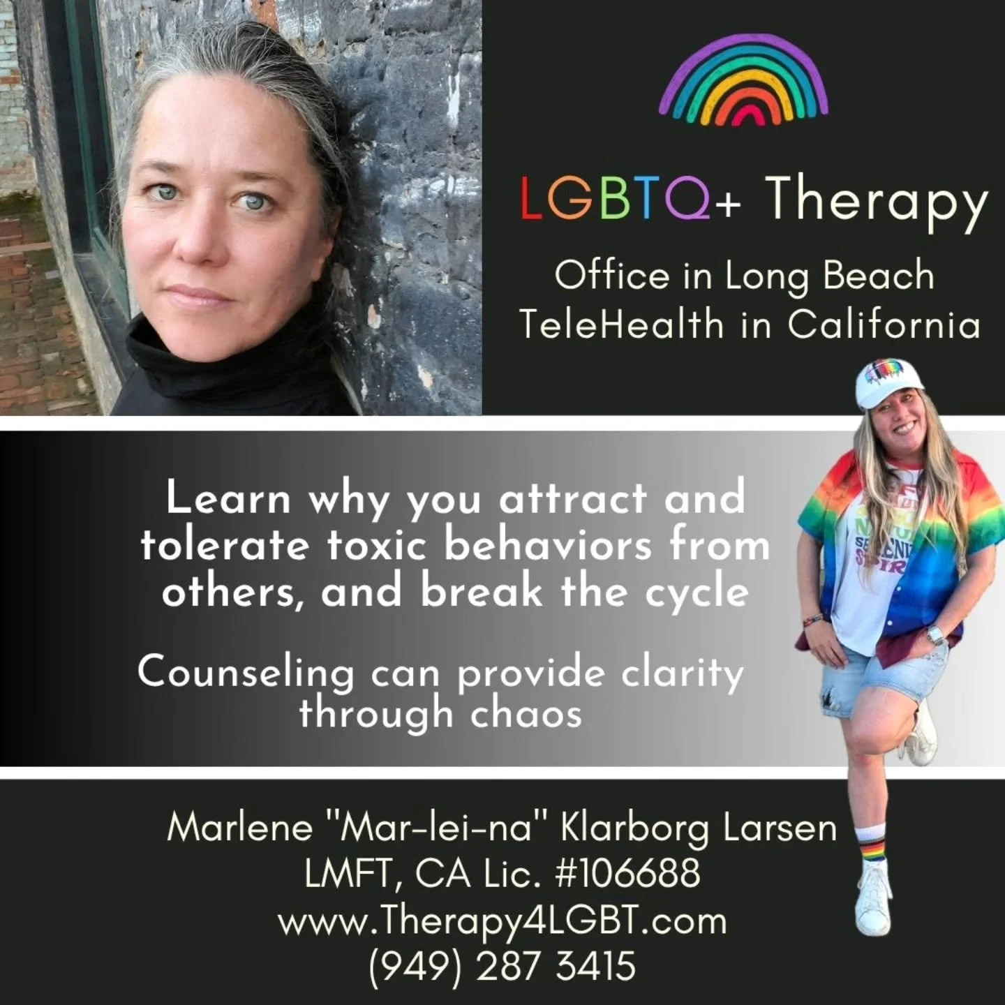 🌈 Learn why you attract and tolerate toxic behaviors from others, and break the cycle. 

Counseling can provide clarity through chaos

#clarity #counseling #breakingcycles #toxicrelationships
@therapy4lgbtq

🌸🌼🌸🌼🌸🌼🌸🌼🌸 

Hi, I am Marlene (&q