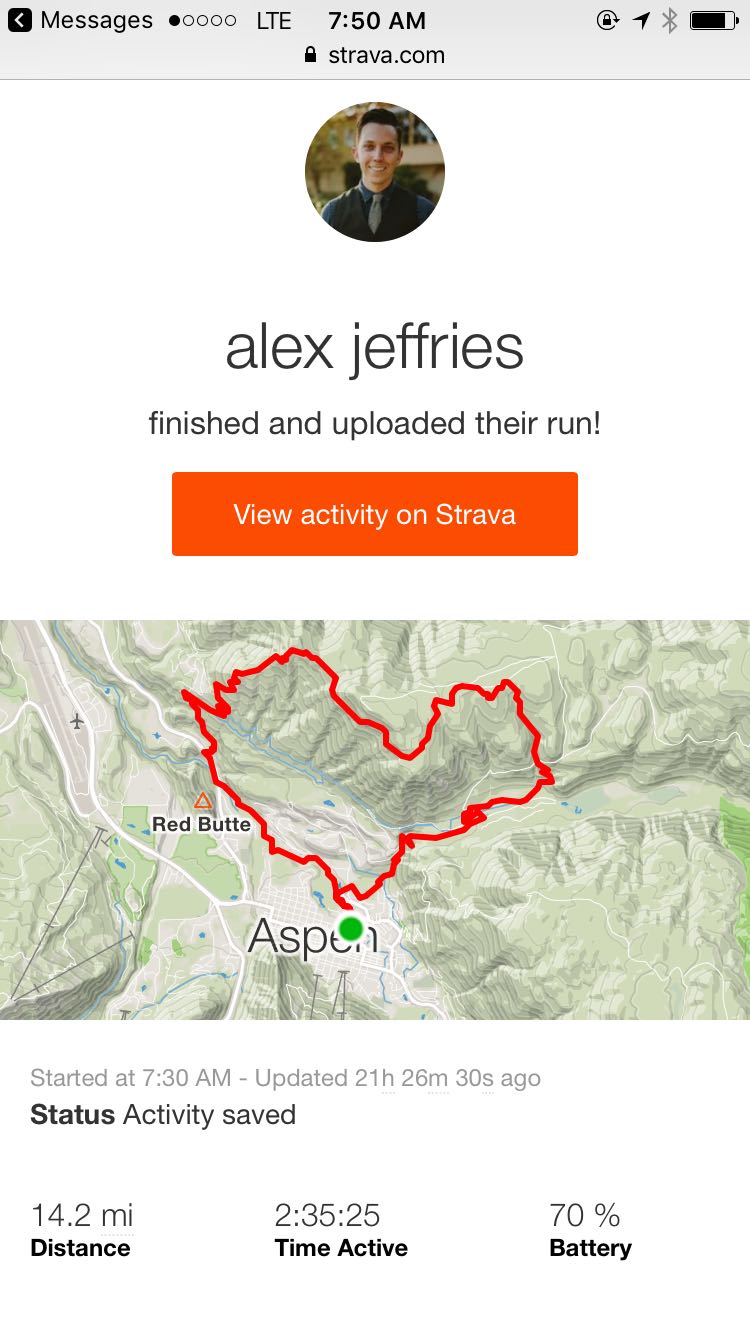 Alex's Strava report and map recording his run.
