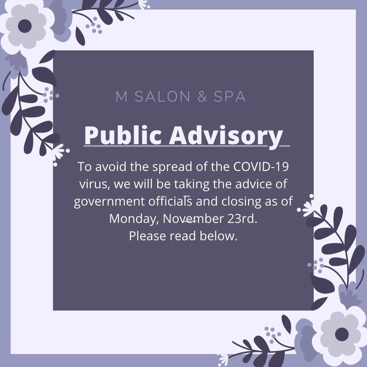 While we are sorry to hear the announcement made today by Premier Doug Ford, we will be closing the salon as of Monday, November 23rd.
If you have an appointment booked with us, don&rsquo;t worry we will be contacting you as soon as we are able to re
