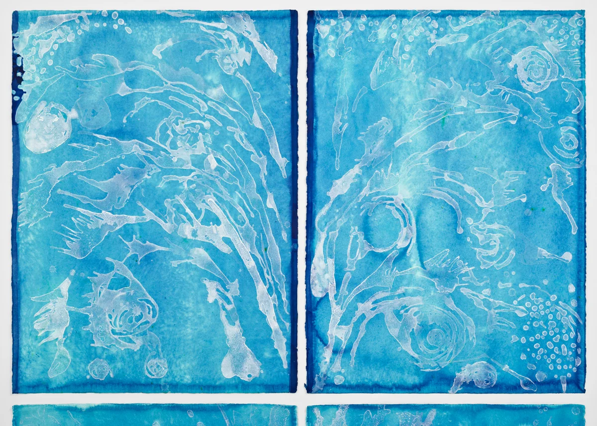 Fountain (Exhale) -- Detail: 30"H X46"W Top two sheets of paper – each 30”H x 22”W Sea salt crystals and inks on watercolor paper 2017
