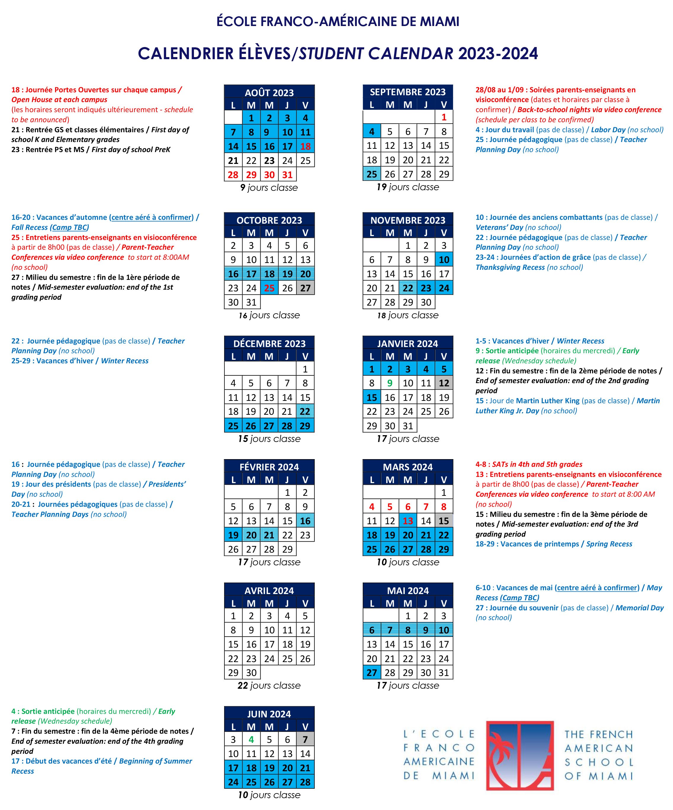calendrier scolaires 2023-24