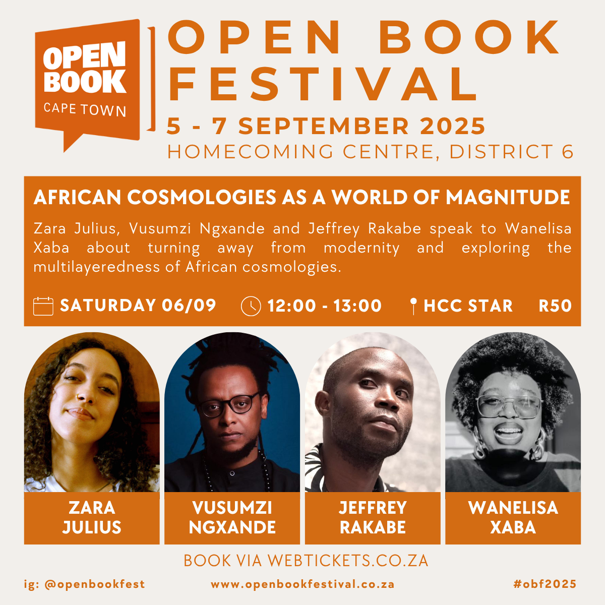 Event poster for the Open Book Festival in Cape Town, 5-7 September 2025, featuring a talk on African cosmologies with speakers Zara Julius, Vusumzi Ngxande, Jeffrey Rakabe, and Wanelisa Xaba, scheduled for Saturday, September 6th from 12:00 to 13:00 at HCC Star, ticket R50.