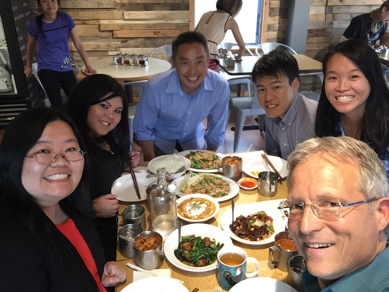 Left to Right : Marci Nakano, Brittany Ryerson, Poe Wongpa (Class of 2015), Tomo Nakano, Vivian Huang, & Kelly Verbicky (Class of 2016) enjoy tasty Thai food at Poe's restaurant in Auburn, Gor Gai Thai.