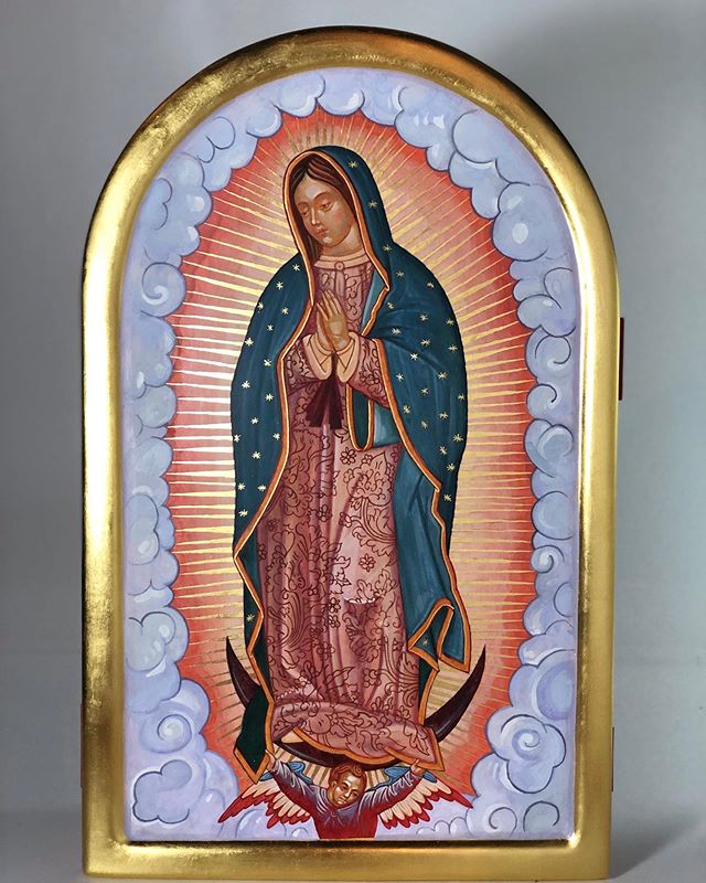 The icon of Our Lady of Guadalupe.
This icon has a miraculous way of revealing itself and is according to the story the icon made without hands. You can read about it on Wikipedia. 
Slide 👉🏼 The original tilma of Saint Juan Diego, which hangs above