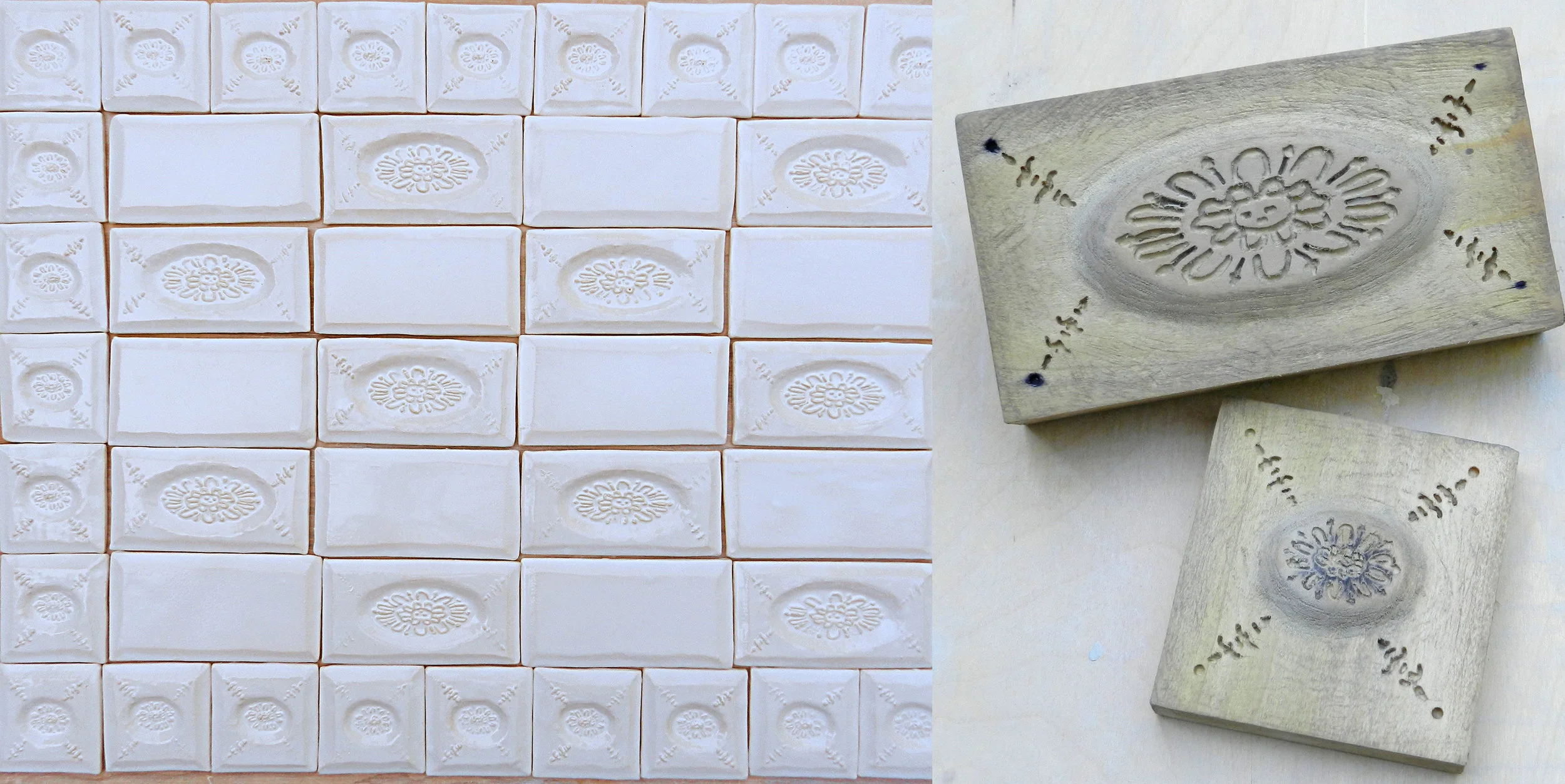 Loose tiles pictured in the studio (left), hand-carved wood molds used to create the Concordia decoratives (right).