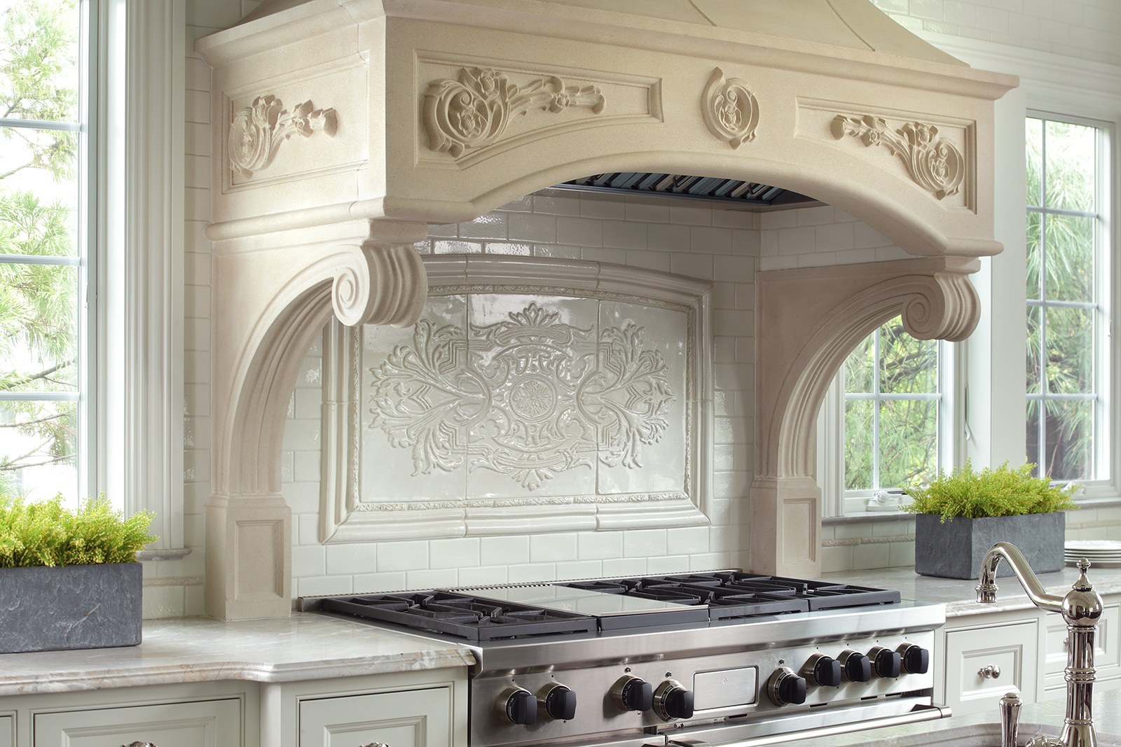 Close-up of Elegance 2 Mural with Ornate Frame Liner and Chair Rail moldings all in Gloss White. Total approximate size: 45x25 inches