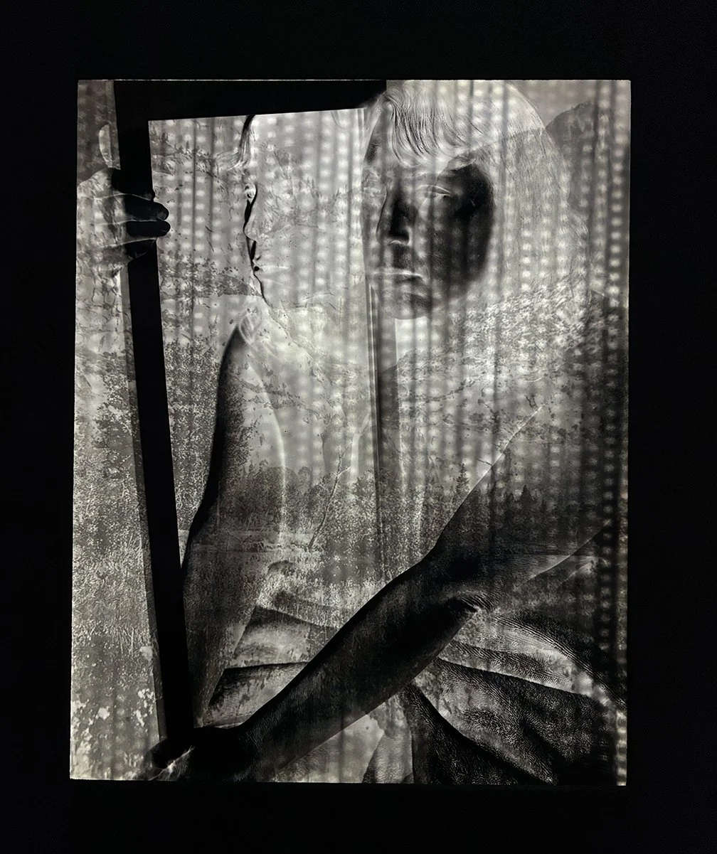 After Brandt and Watkins 1, 2026, archival pigment print on transparency, archival pigment print on backlight film, 35mm negatives, LEDs, 14" x 11"  