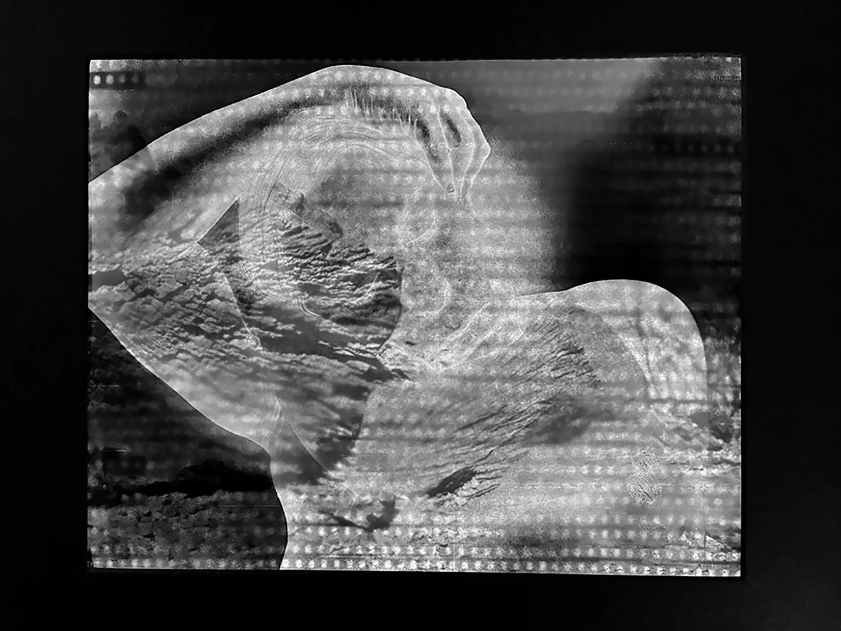 After Man Ray and O'Sullivan 1, 2026, archival pigment print on transparency, archival pigment print on backlight film, 35mm negatives, LEDs, 11" x 14" 