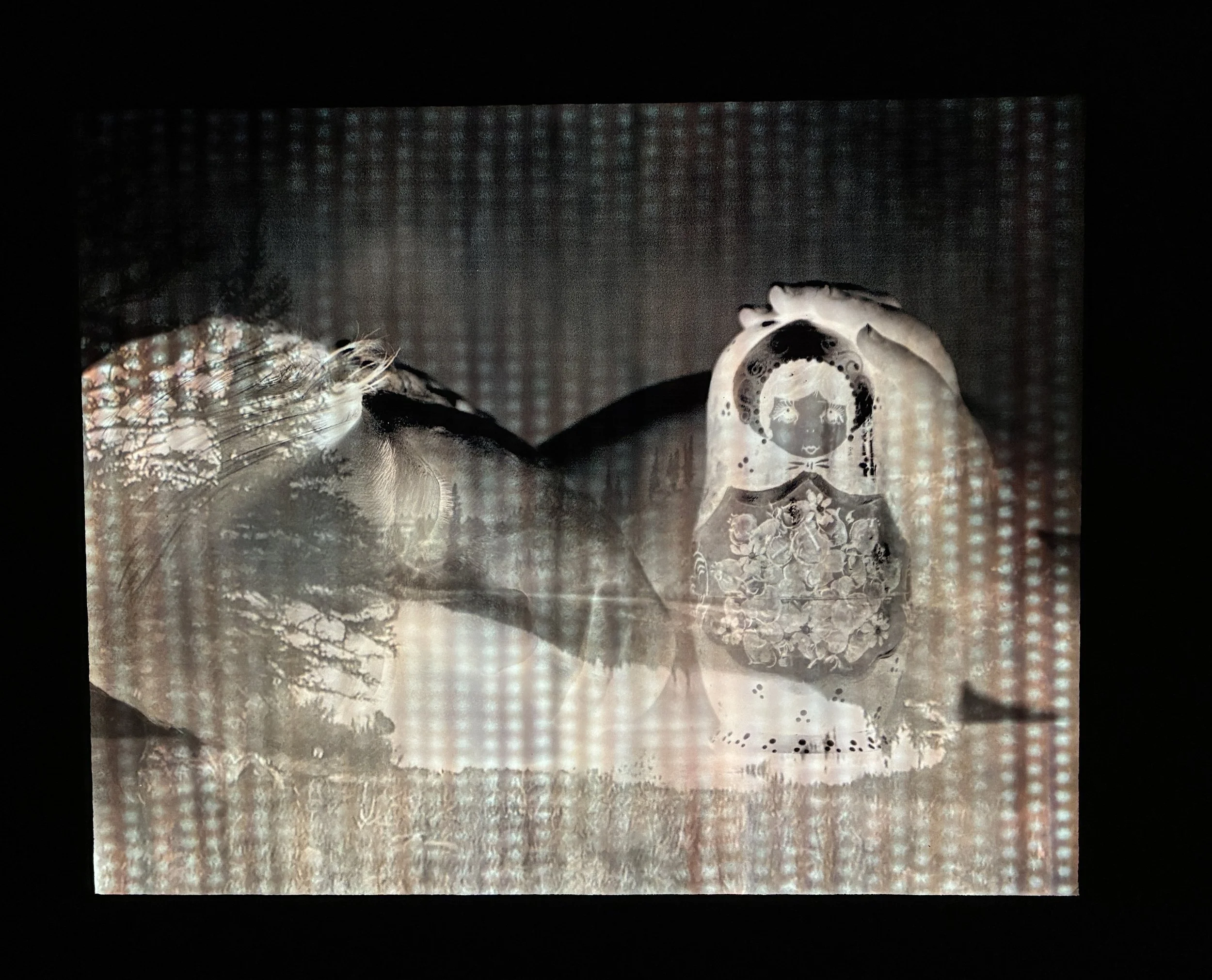 After Man Ray and O'Sullivan 2, 2026, archival pigment print on transparency, archival pigment print on backlight film, 35mm negatives, LEDs, 11" x 14" 