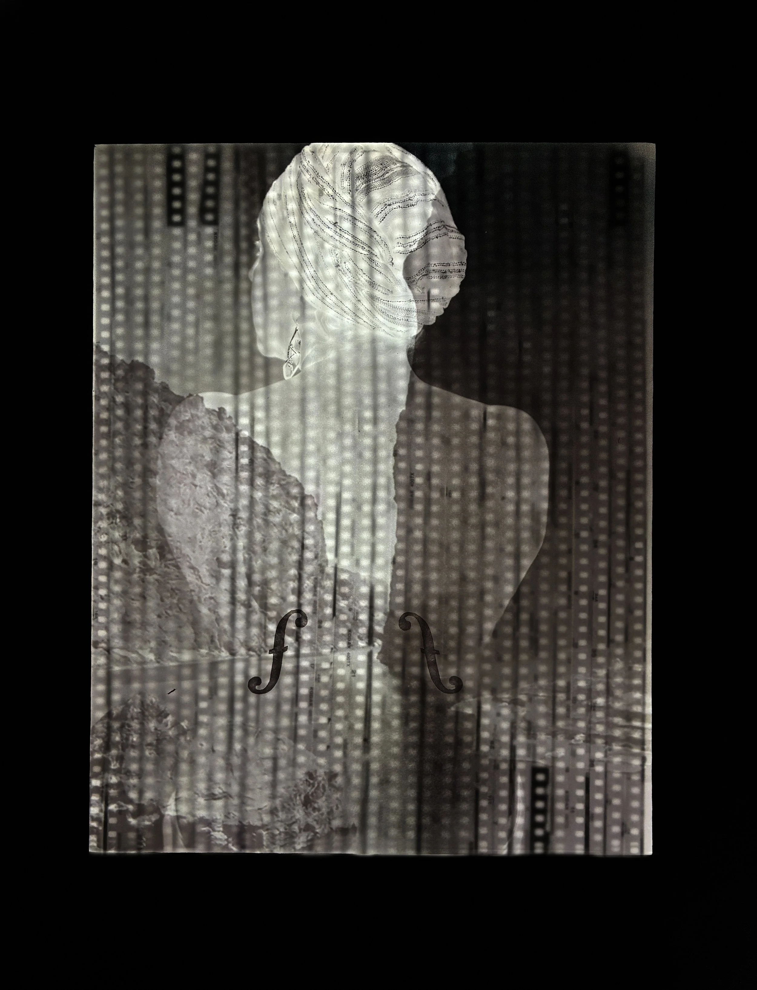 After Man Ray and O'Sullivan 3, 2026, archival pigment print on transparency, archival pigment print on backlight film, 35mm negatives, LEDs, 14" x 11" 