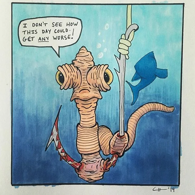 Day 3 - &ldquo;Bait&rdquo; 
#inktober2019day3 
#inktober -
-
I decided to get my inktober done early since I&rsquo;ll be at a wedding today. Also this drawing is in no correlation to how I actually feel today. Lol
