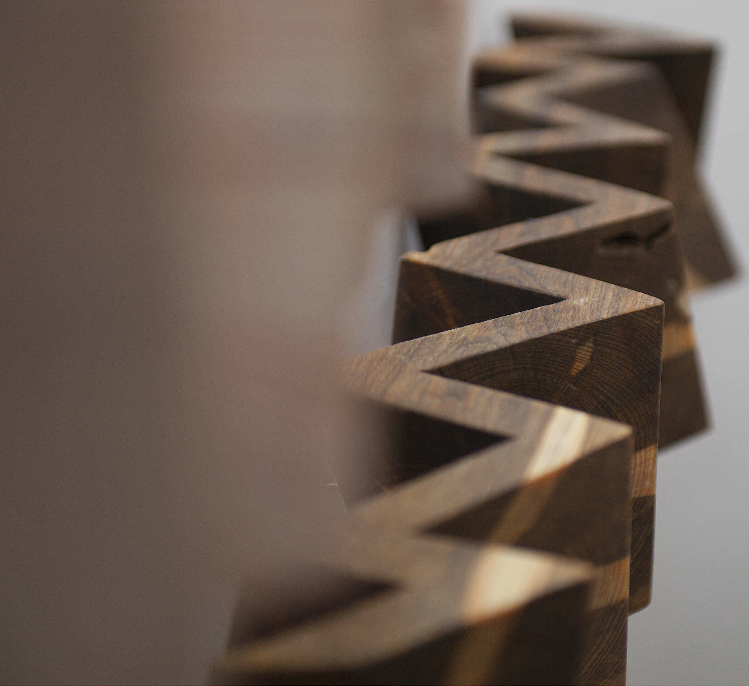 These ZigZag wood reliefs are handcrafted, sustainably harvested wood. In this piece the sapwood is naturally stained by the blue stain fungus.