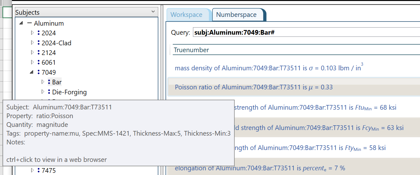 Searching for properties of 7049aluminum bar stock using a path in a subject tree