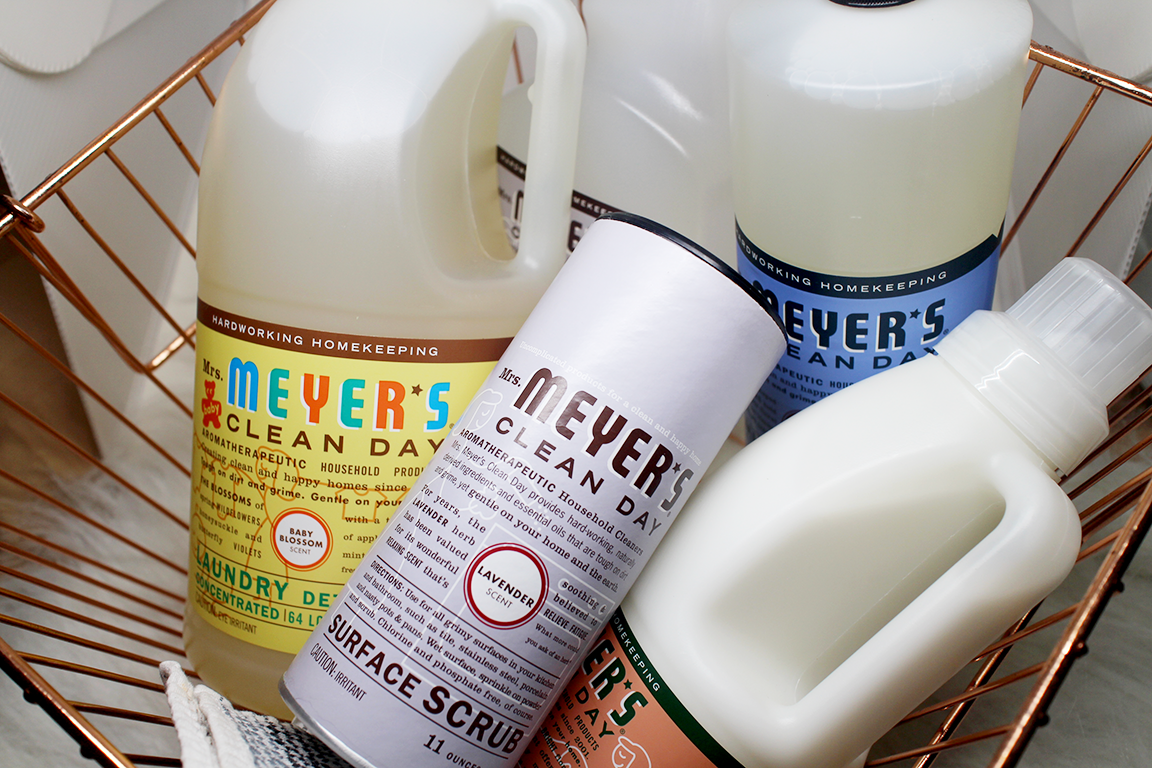 L-R: Laundry Detergent in Baby Blossom, Surface Scrub in Lavender, Tile & Grout Spray in Lavender, Multi Surface Spray in Bluebell and Fabric Conditioner in Geranium.