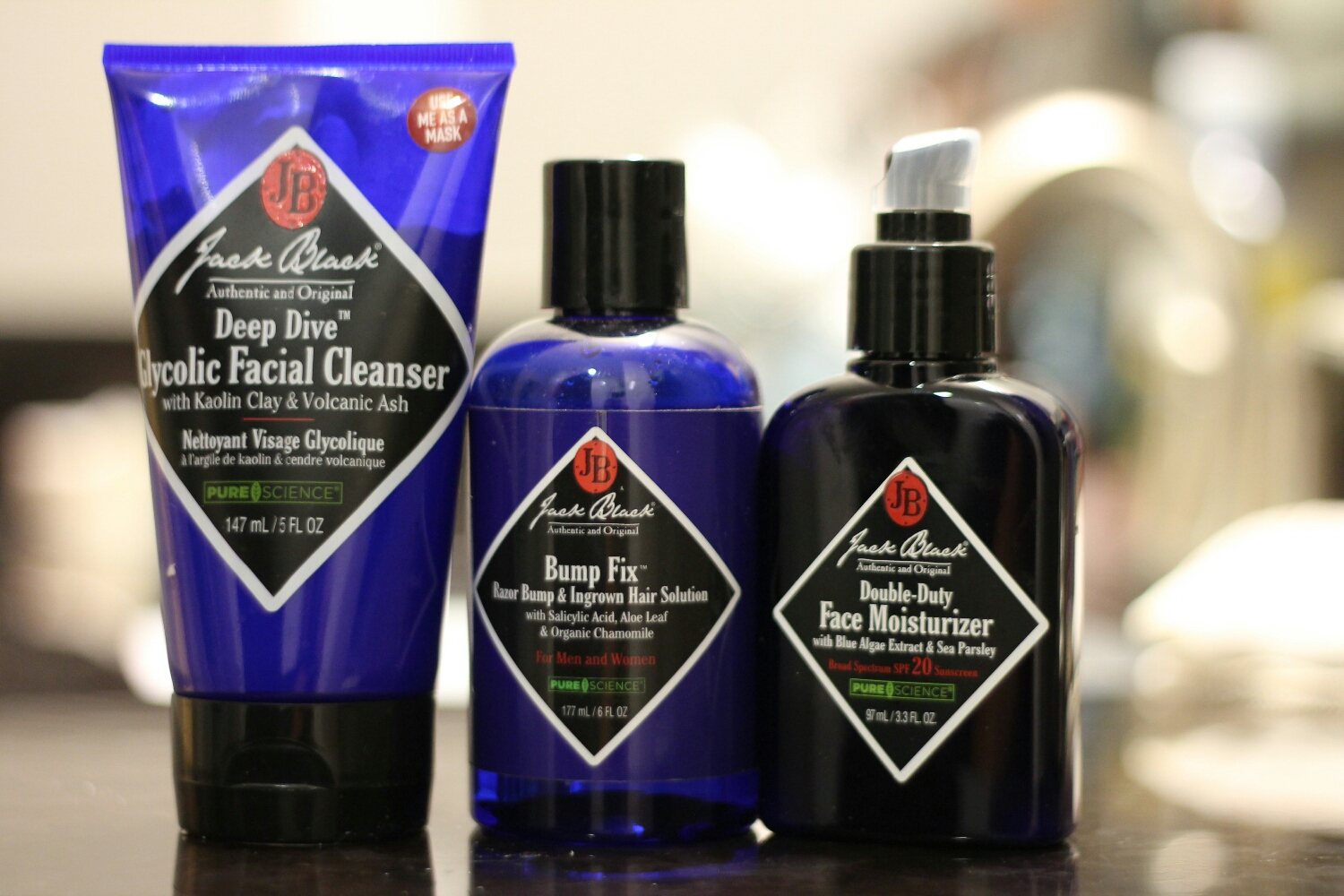 Jack Black Facial Cleanser, Bump fix, & Moisturizer.