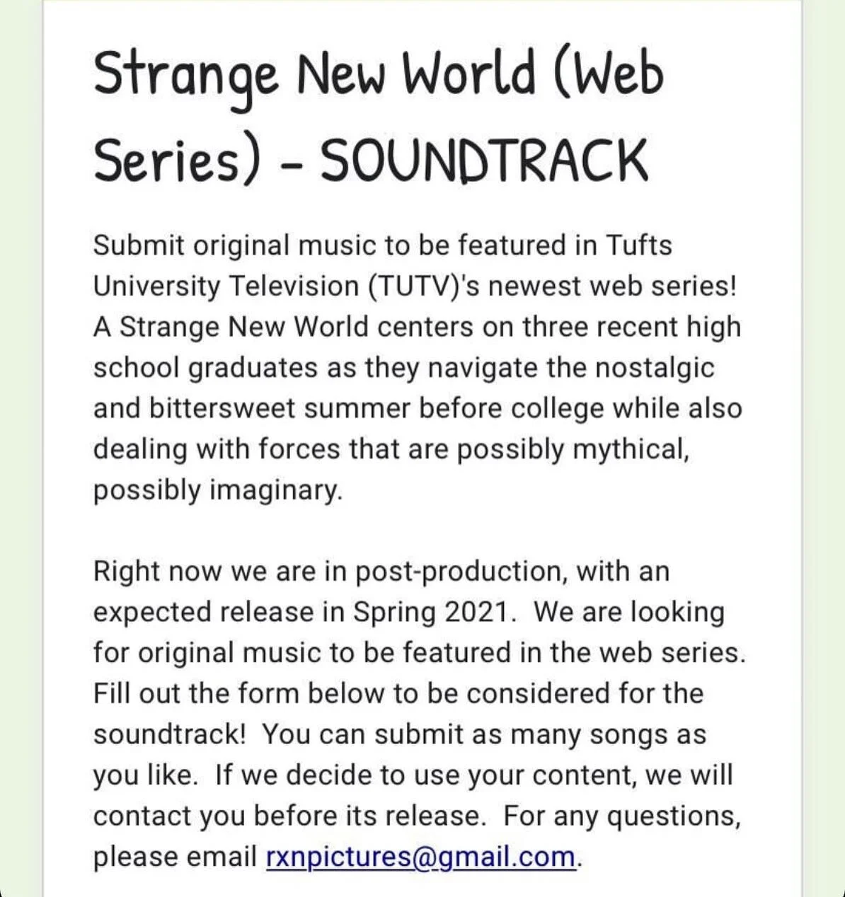 Are you a musician or producer and want to be featured in a series soundtrack? One of TUTV's Web Series "Strange New World" is in post production and is currently seeking music submissions. If you are interested, fill out the form in the li