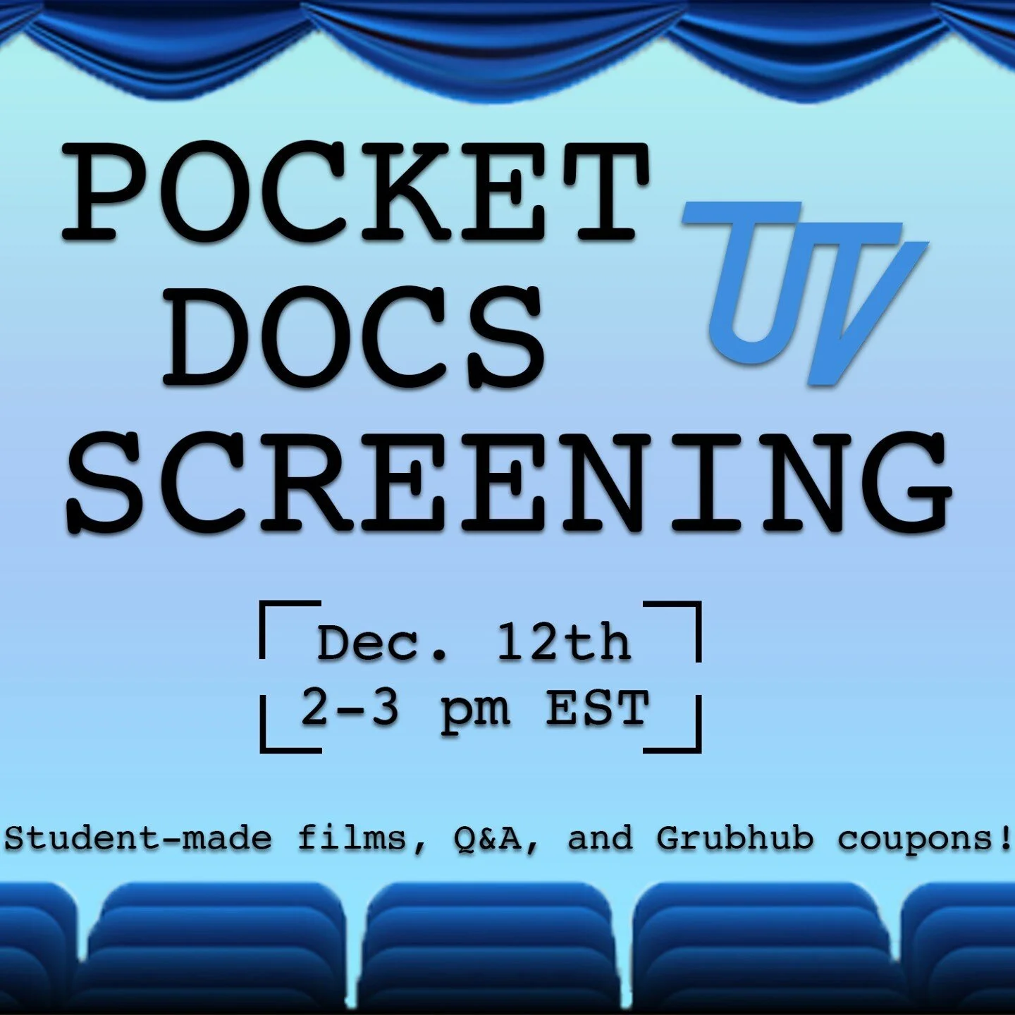 Come check out our Pocket Docs Screening this Saturday Dec. 12th at 2pm! Watch some amazing documentaries, a Q&amp;A with the creators, and play some trivia! Grubhub coupons will be awarded to the top three trivia winners! Join through the Jumbolife 