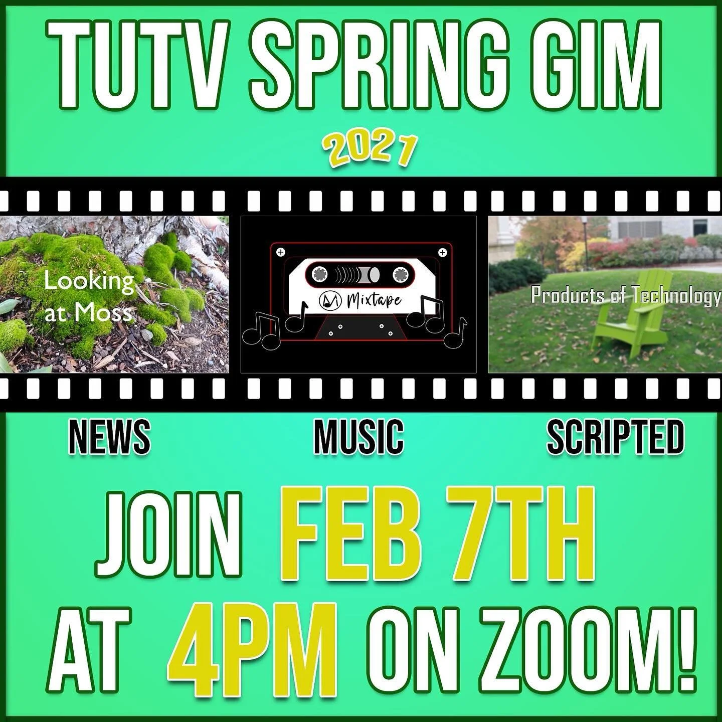 Come learn about how you can get involved in film and video with TUTV, Tufts' student film production studio of over 40 years!
You can join us from 4-5:30pm this Sunday February 7th to see what we have planned this semester!
We will start with introd