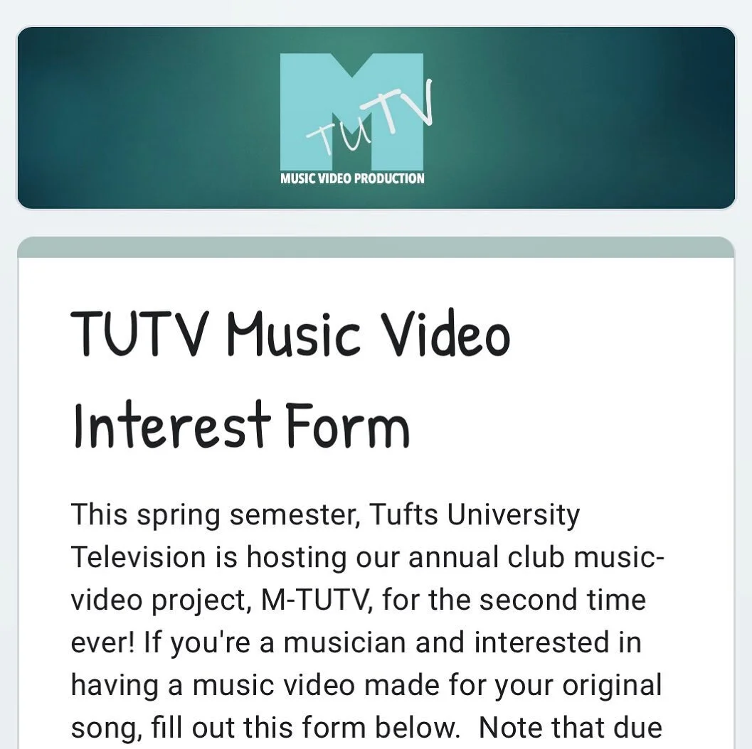 REMINDER: If you&rsquo;re a Tufts band or musician and would like to have a music video made for one your songs, fill out this form at the link in our bio! Submissions close THIS FRIDAY 3/5. At the beginning of next week, club members will form group