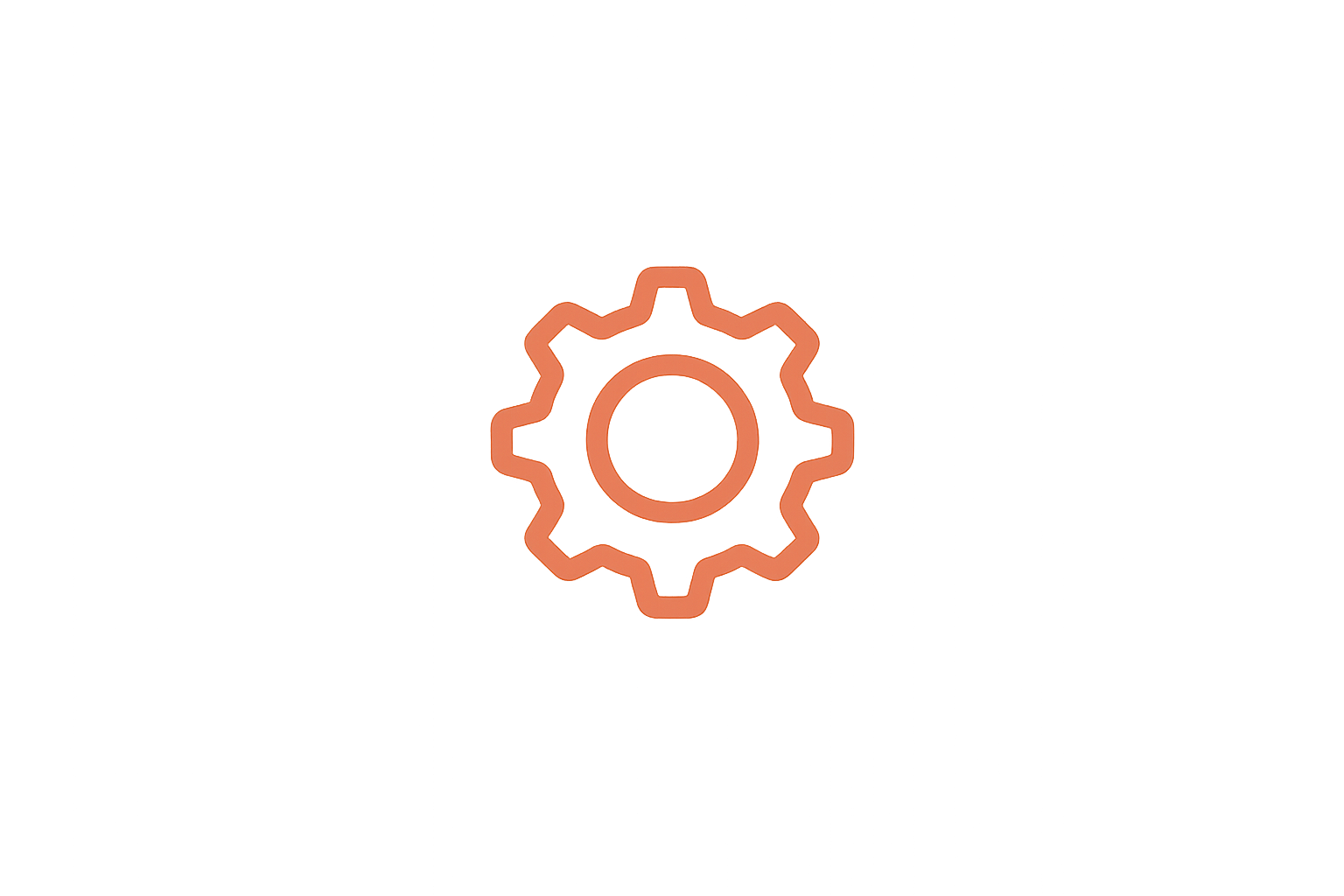 A glowing red-orange gear icon with a luminous outline against a dark, blurred background.