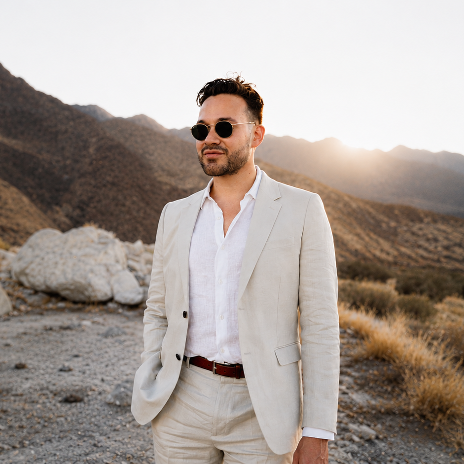 A man in sunglasses and a light beige suit stands outdoors in a mountainous desert landscape at sunset.