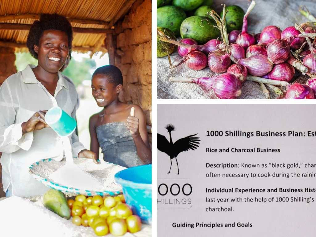 (L) Esther works at her stand in Namatala. (R) Esther's original business plan - selling rice and charcoal. 
