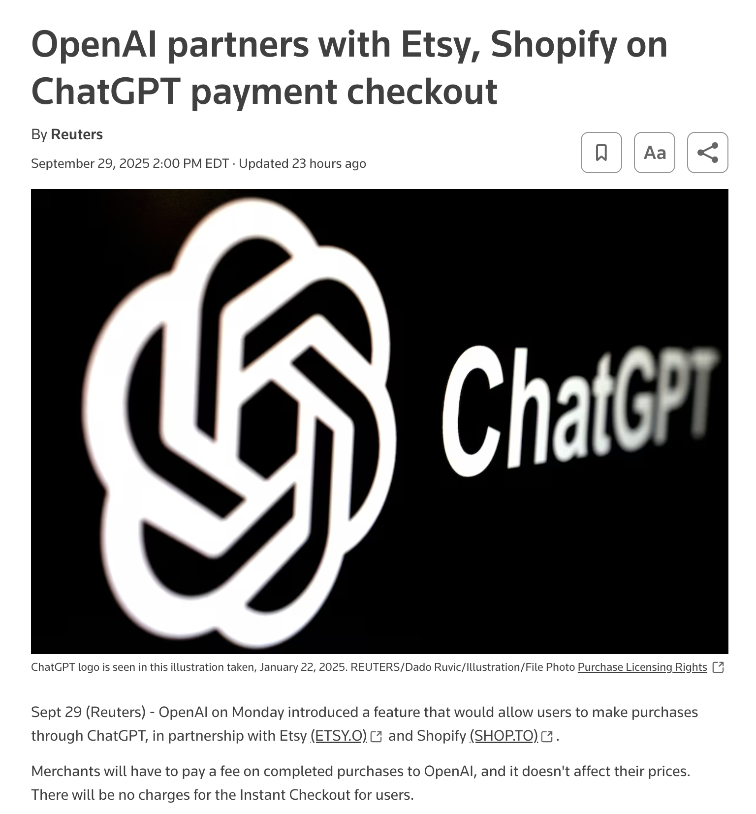 OpenAI partners with Etsy, Shopify on ChatGPT payment checkout