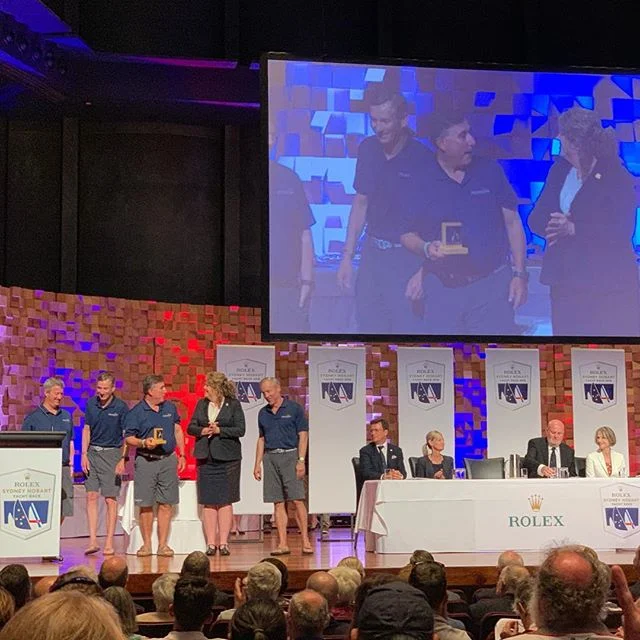 @el_larriachi @kiteboardpaul @lawndartdave @mroesch0 collecting the 3rd place trophy in ORCi Division 2. #rolexsydneyhobart #prospectorsailing
