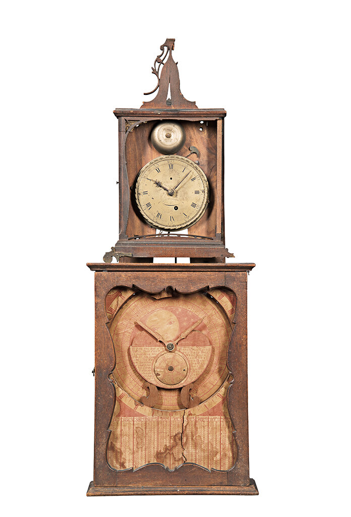 Simon Willard (1753-1848) 30-hour Timepiece with Passing Strike and Manual Almanac, Roxbury, Massachusetts, 1781 Mahogany, white pine, brass and steel. ht. 29 in.Loaned by the Dedham Historical Society and Museum