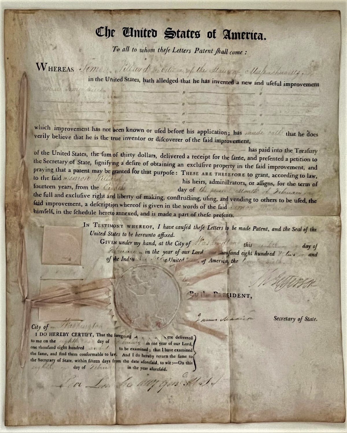 Patent to S. Willard, 1802, Washington, DC.