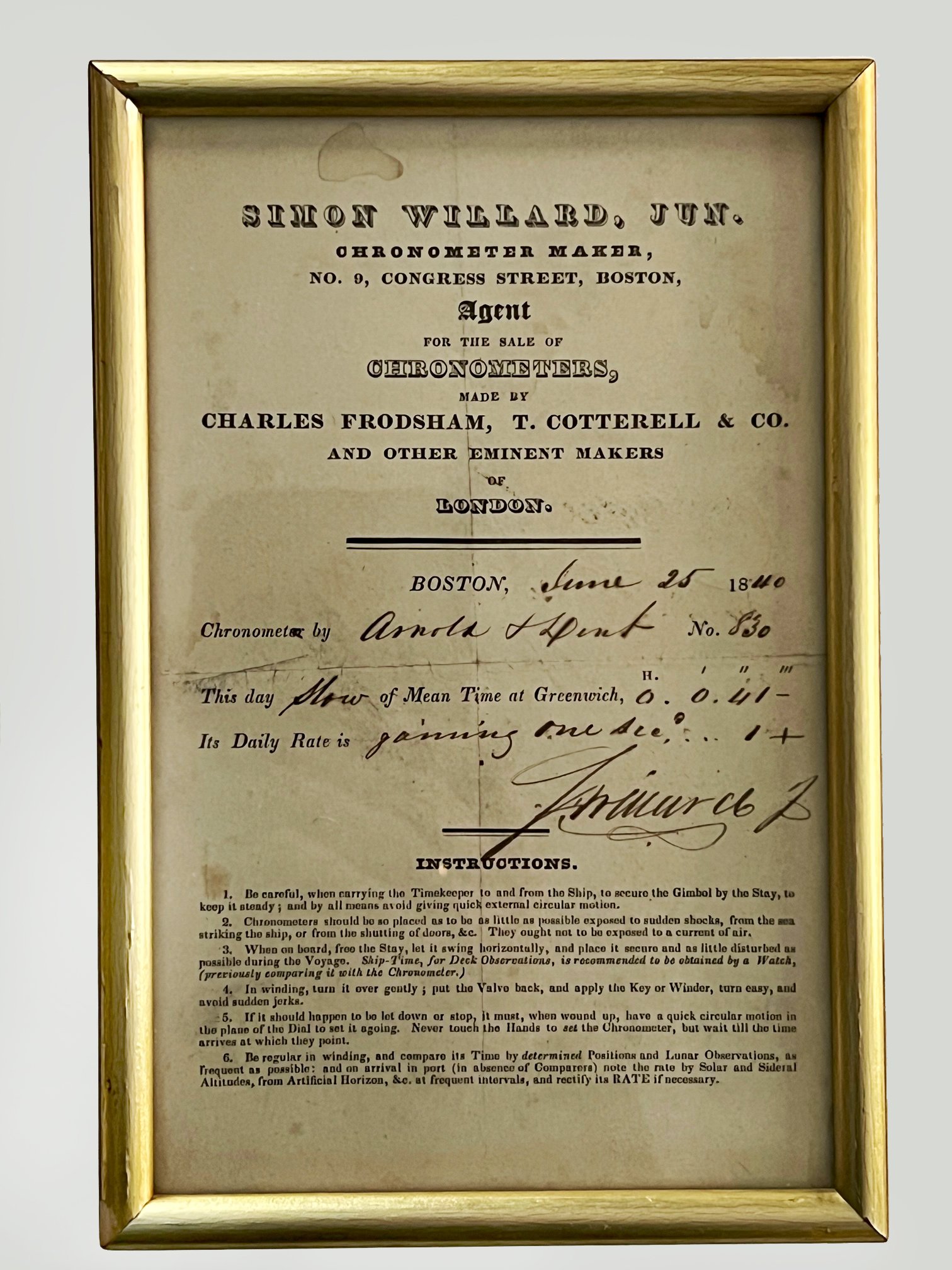 Timing Certificate, 1840, Boston