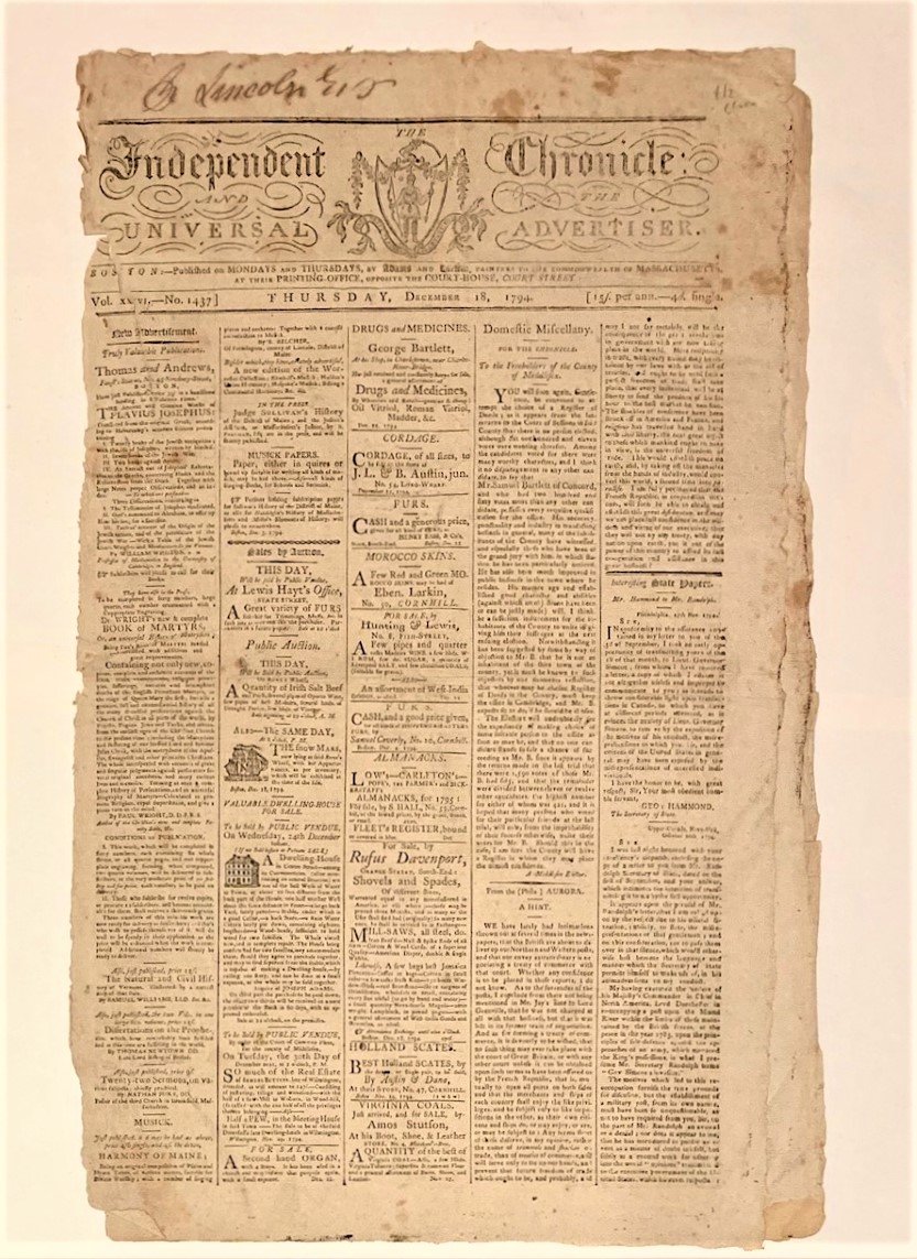 S. Willard newspaper ad, 1794