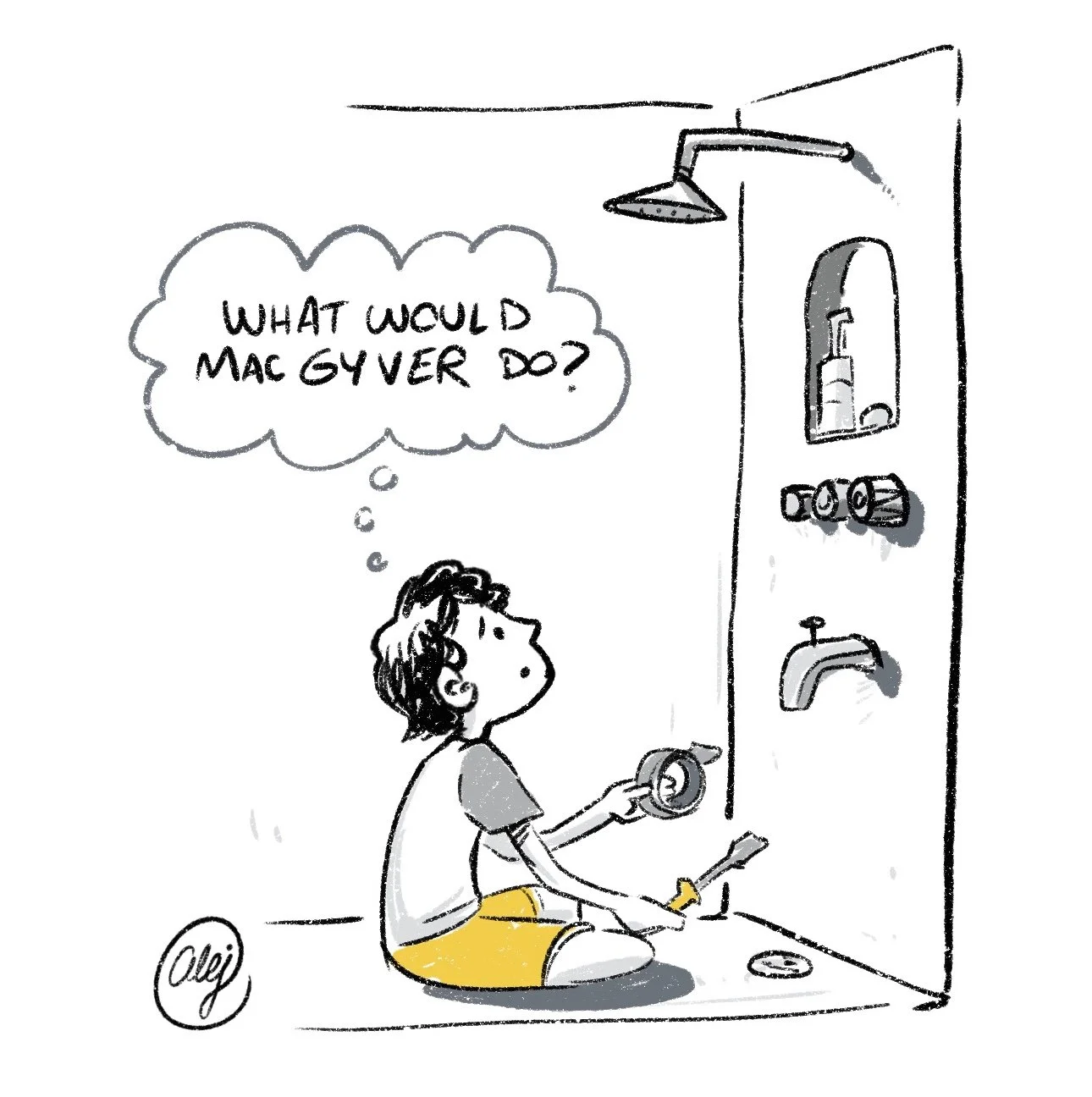 A kid sits in the bathroom floor with tape and a screwdriver in his hands. he's looking at the shower and asking himself "what would MacGyver do?