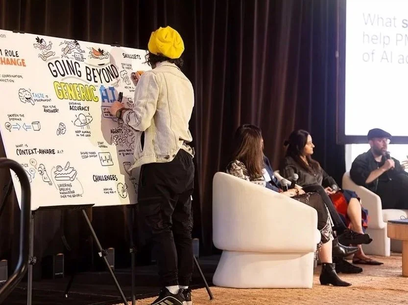 Live event visual notes taken by Alejo Porras on a large board at a Product Leader Collective by Notion in New York.