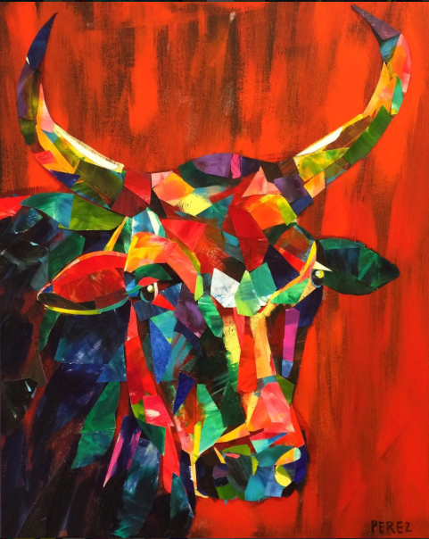 Andy Perez Art, Bull 40x30, collage 