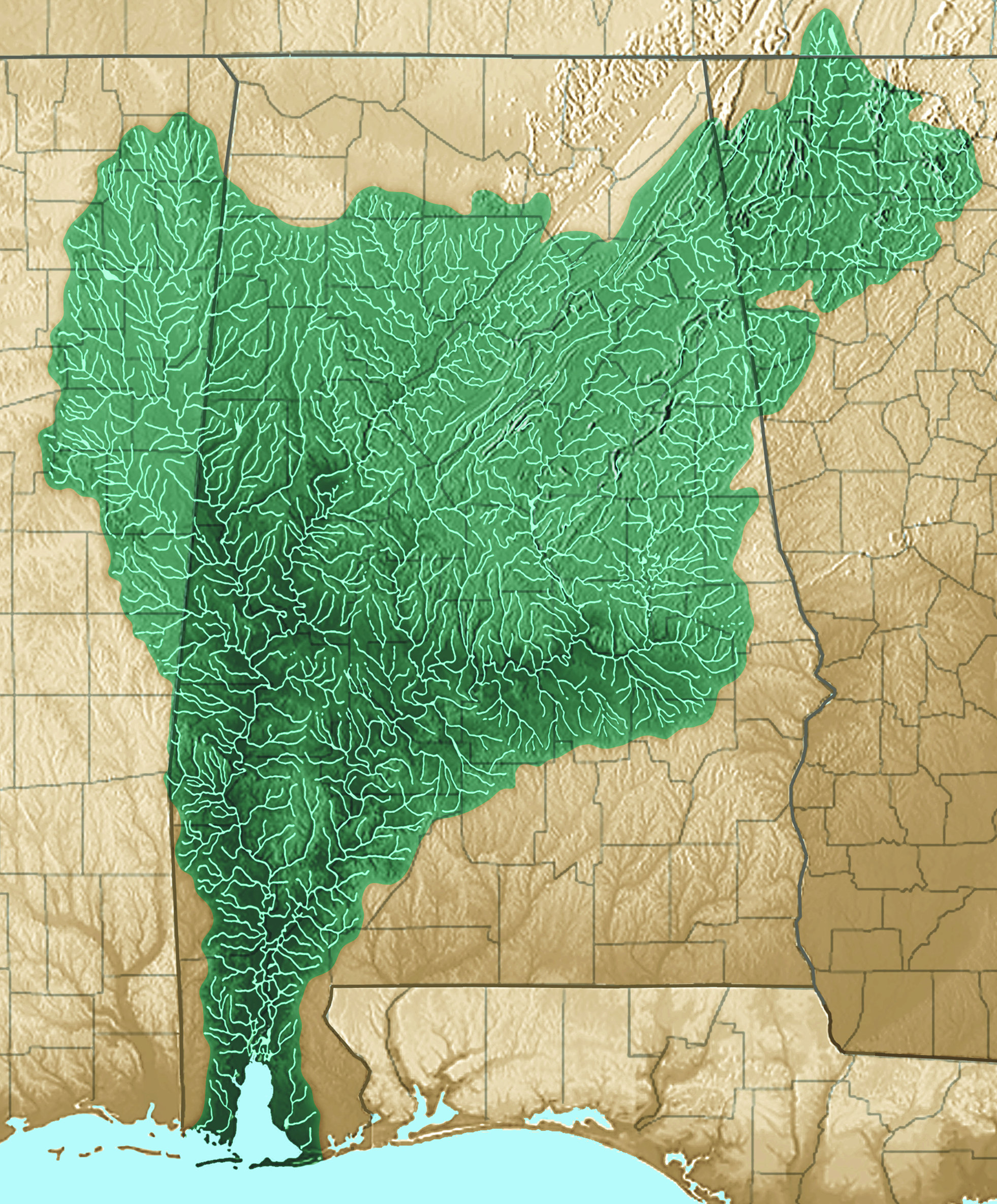 This map shows the extent of the Mobile Bay Watershed.