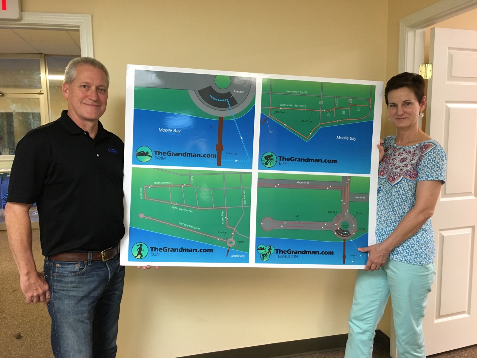 Husband and wife Terry (left) and Jennifer (right) Hartley are pictured above with the map of the Grandman race course. 