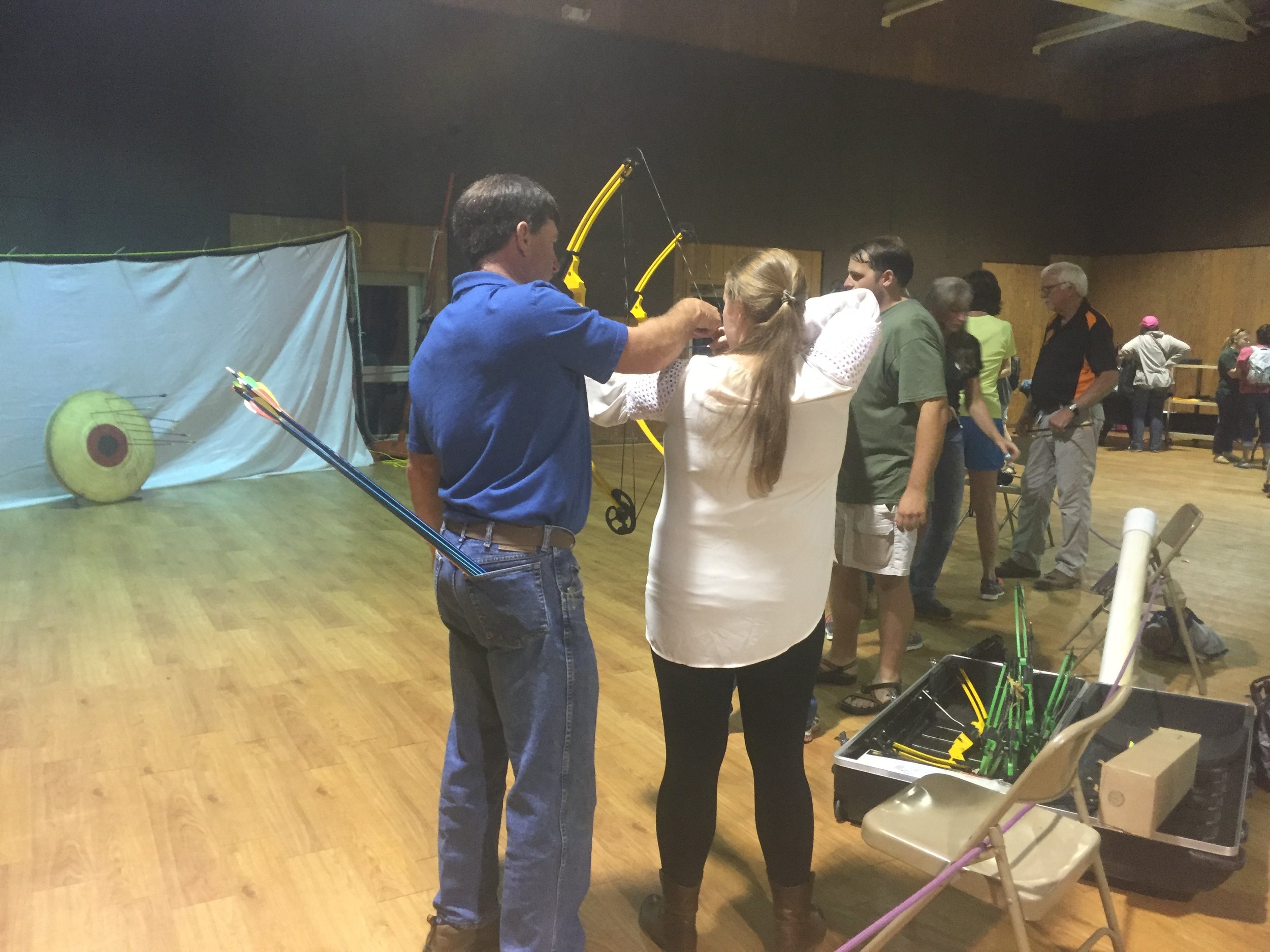 "Winner winner, chicken dinner!" After our delicious fried chicken supper, Mike Guilotte guided me RIGHT to the bullseye during archery practice on Friday evening!
