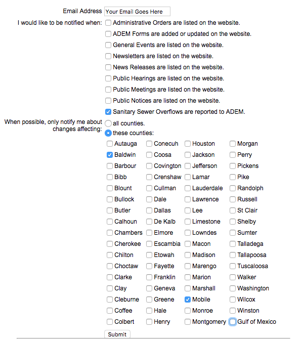 An example of how to sign up to receive emails when sewer spills occur in your county.