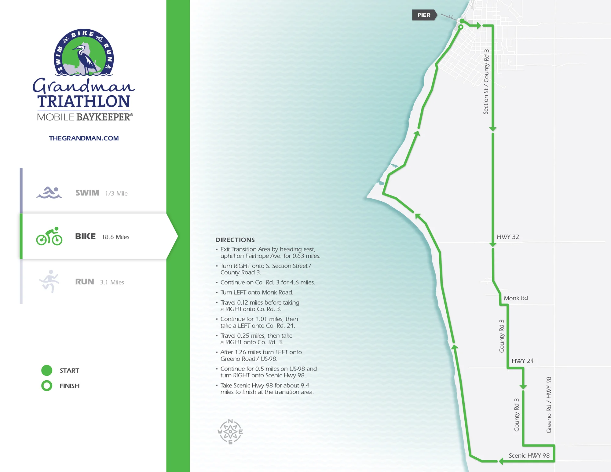 The bike course covers 18.6 miles of beautiful rolling hills traversing under giant live oaks and finishing with gorgeous views of Mobile Bay. Click to enlarge. Map design by Graves Creative .