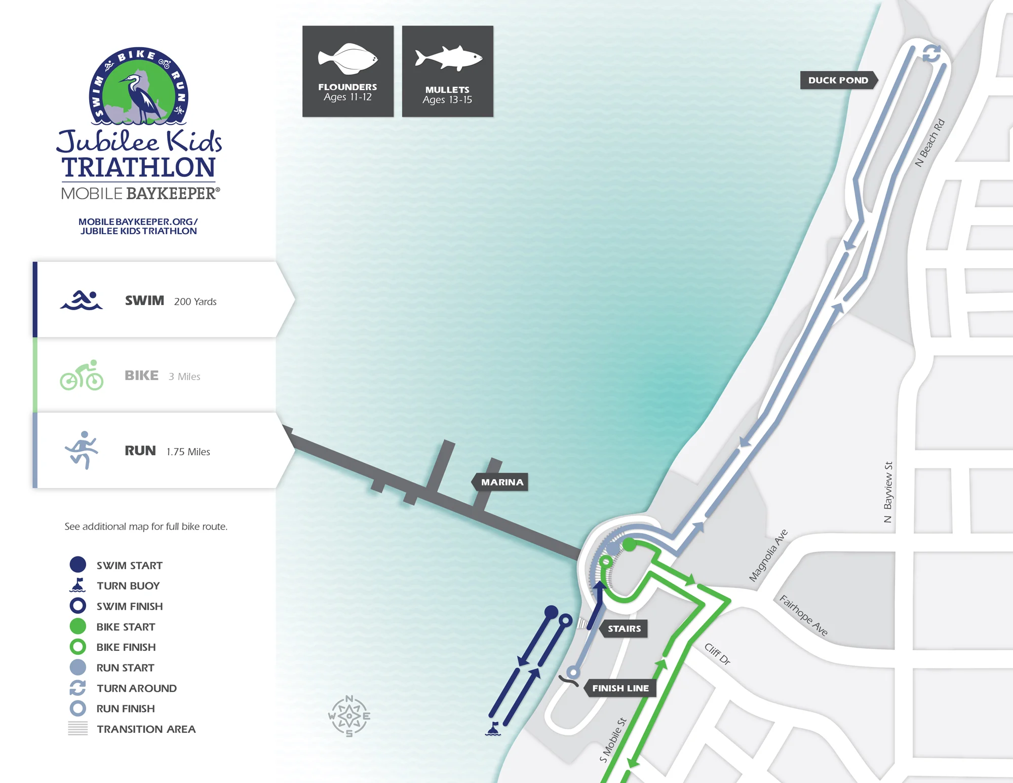 Above: Course map for Flounders & Mullets (Racers ages 11-15). Click to enlarge. Design by Graves Creative . 